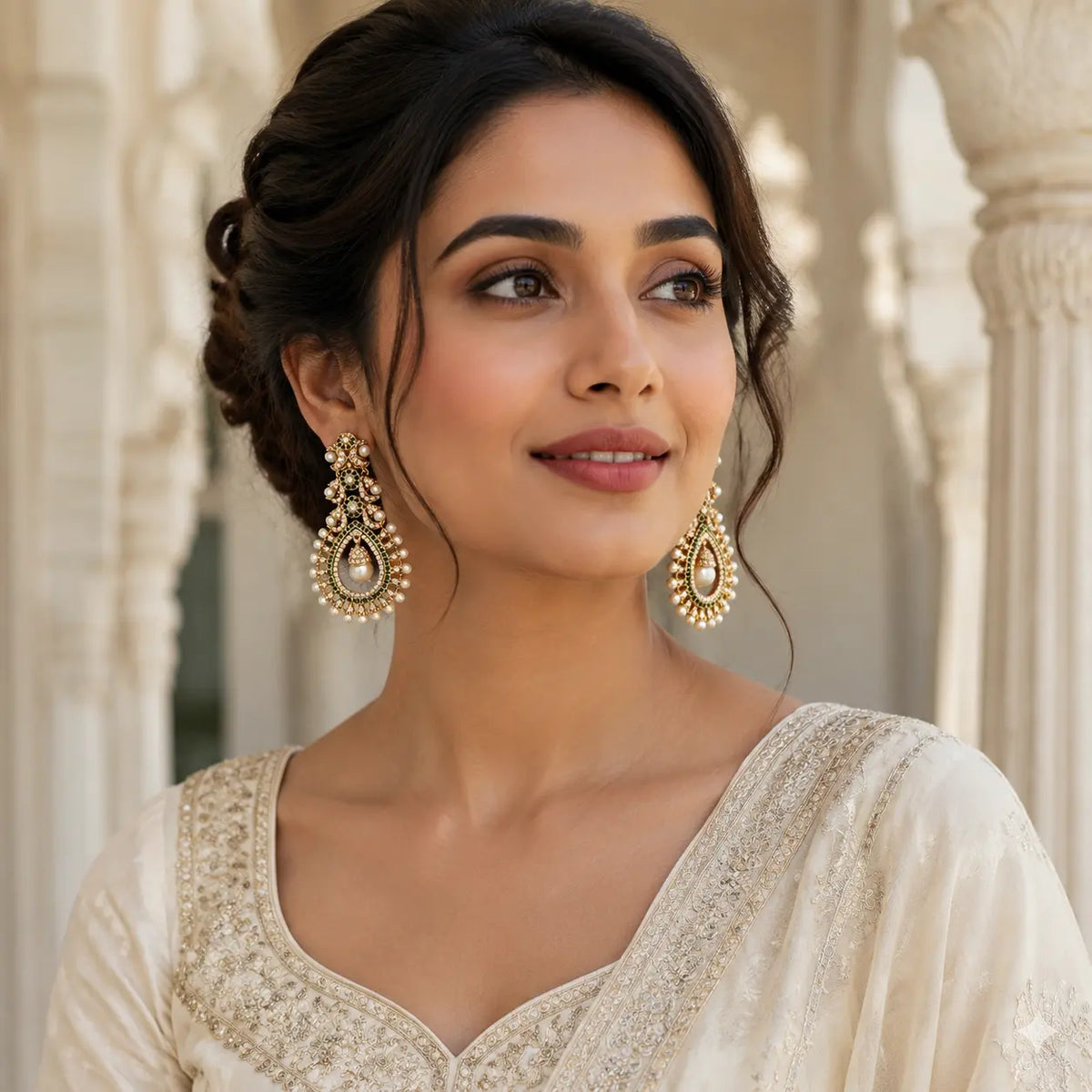 Mehrunisa Kundan Pearl Drop Statement Earrings - pearl model portrait
