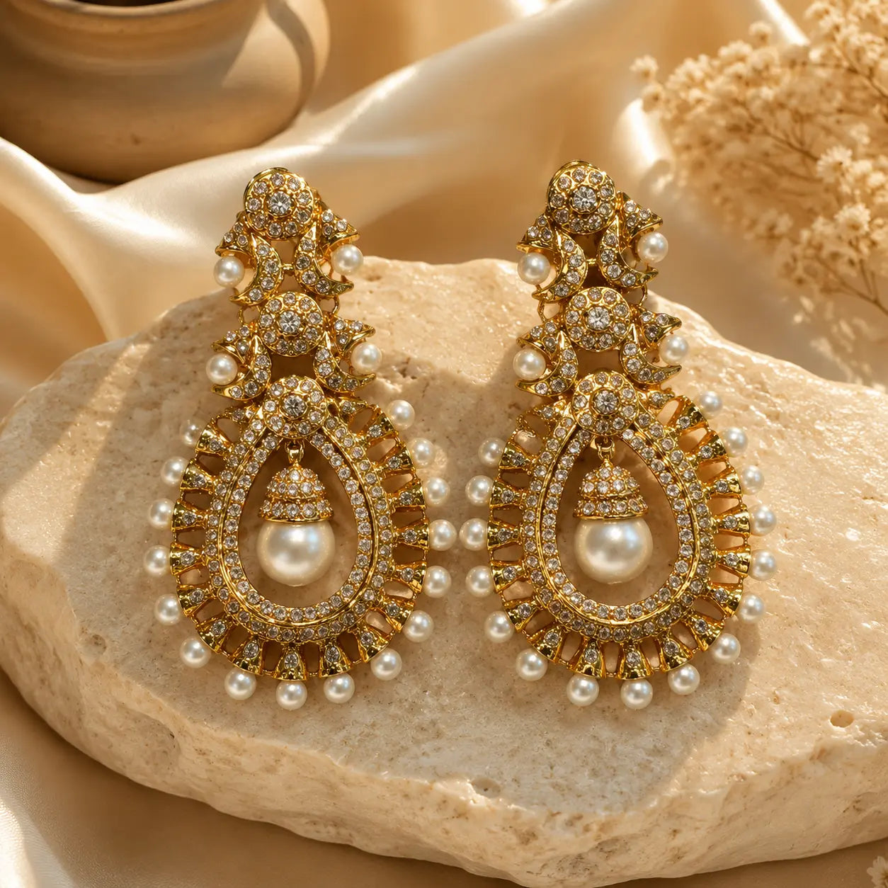 Mehrunisa Kundan Pearl Drop Statement Earrings - pearl solo hero