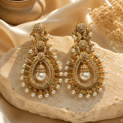 Mehrunisa Kundan Pearl Drop Statement Earrings - pearl solo hero