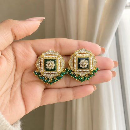 Sahar Kundan Pearl Fringe Stud Earrings - green handheld