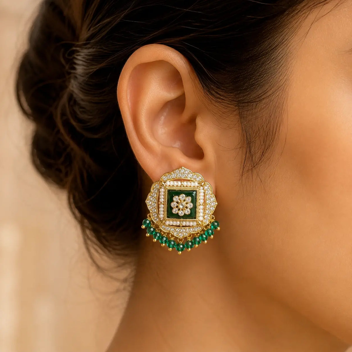 Sahar Kundan Pearl Fringe Stud Earrings - green model close