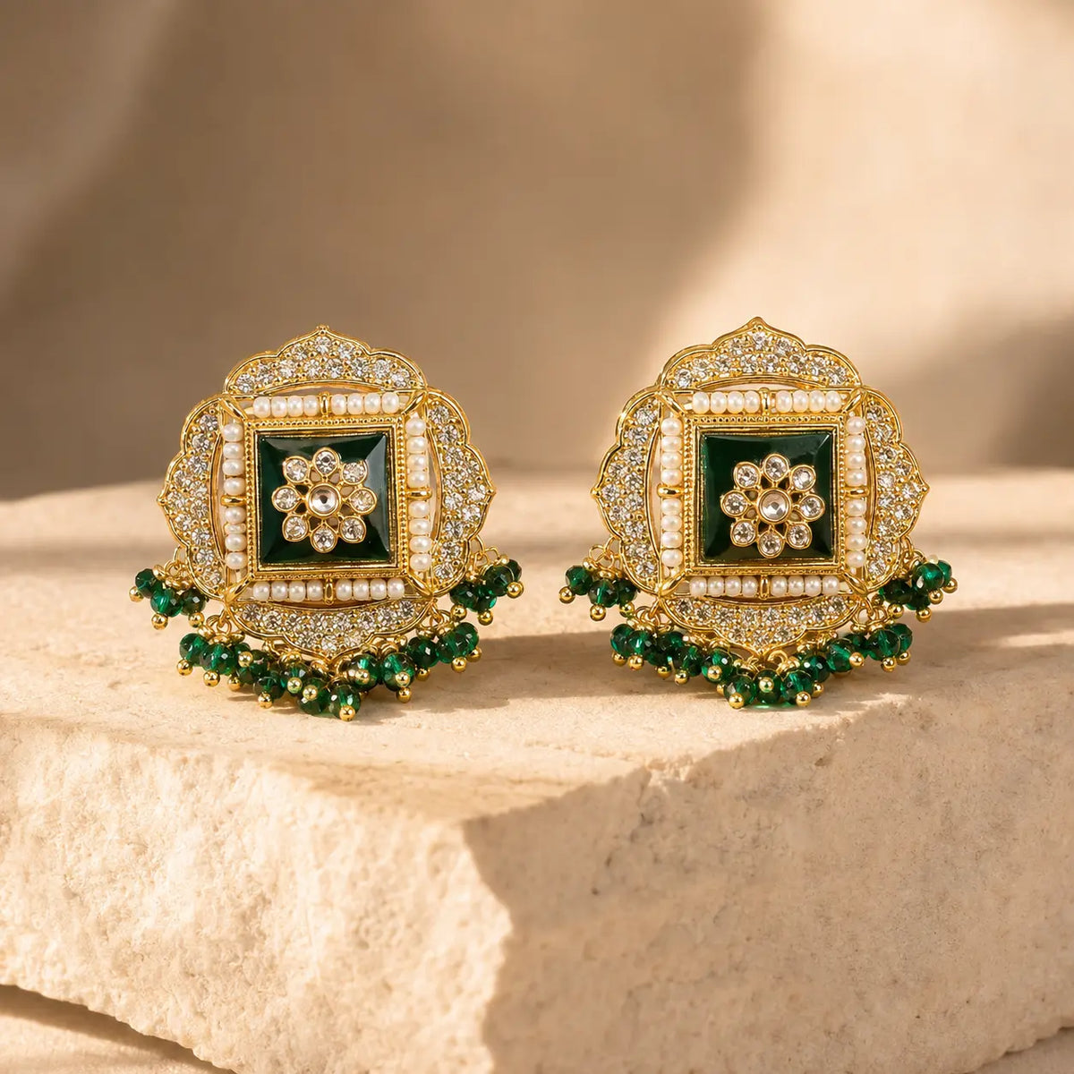 Sahar Kundan Pearl Fringe Stud Earrings - green solo hero