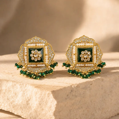 Sahar Kundan Pearl Fringe Stud Earrings - green solo hero