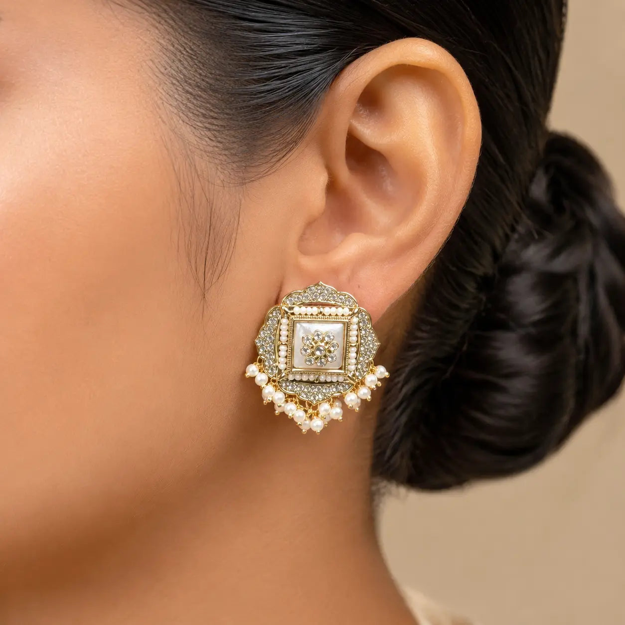 Sahar Kundan Pearl Fringe Stud Earrings - pearl model portrait