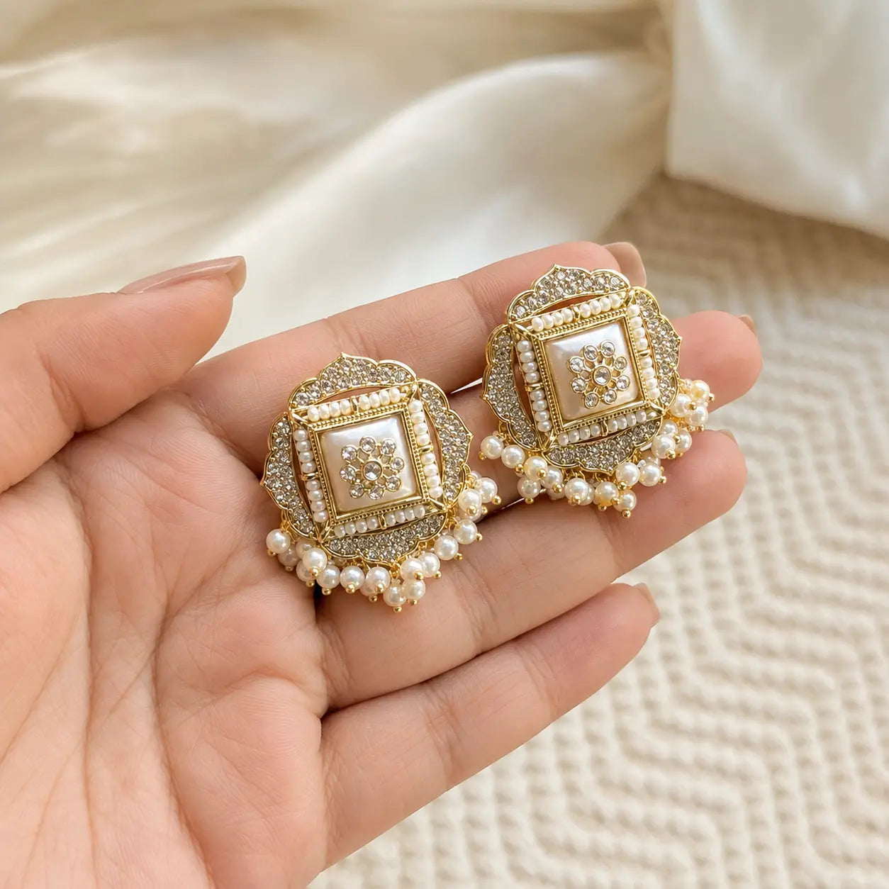 Sahar Kundan Pearl Fringe Stud Earrings - pearl solo editorial