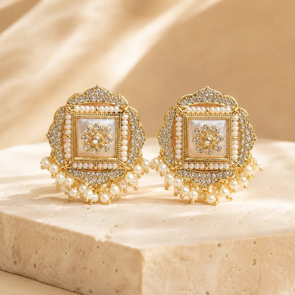 Sahar Kundan Pearl Fringe Stud Earrings - pearl solo hero
