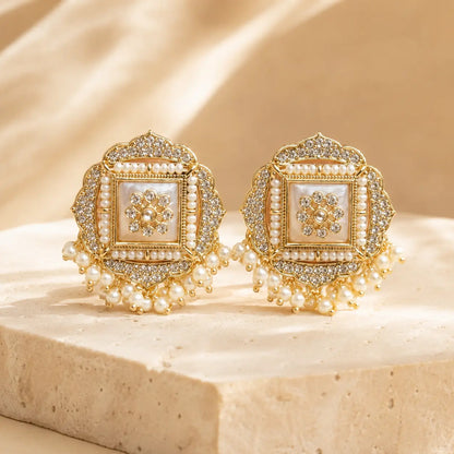Sahar Kundan Pearl Fringe Stud Earrings - pearl solo hero