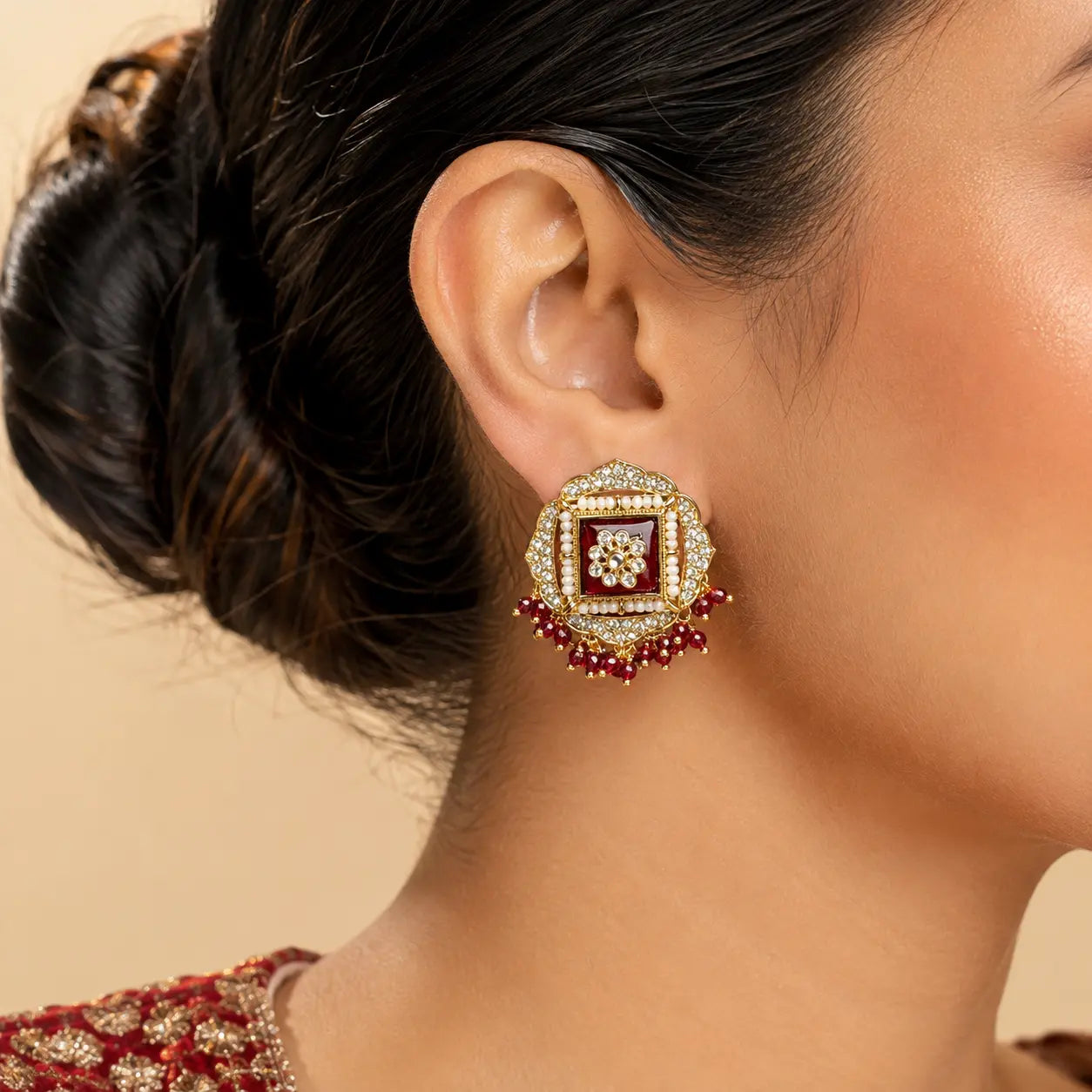 Sahar Kundan Pearl Fringe Stud Earrings - red model close