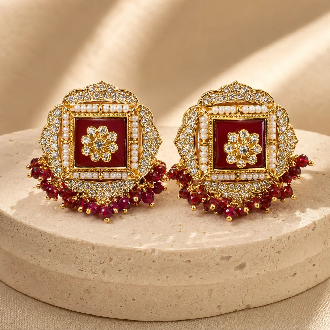 Sahar Kundan Pearl Fringe Stud Earrings - red solo hero