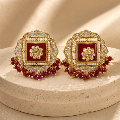 Sahar Kundan Pearl Fringe Stud Earrings - red solo hero