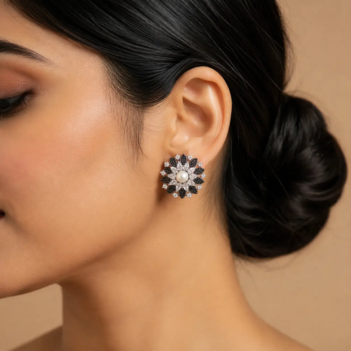 Gulnaar Black pearl crystal floral earrings model view