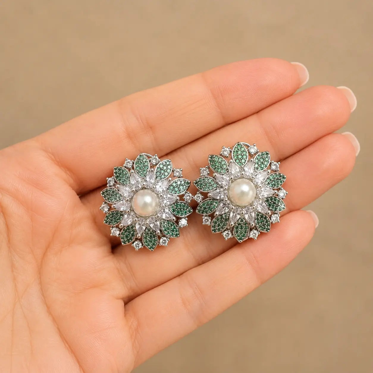 Gulnaar Green pearl crystal floral earrings handheld view