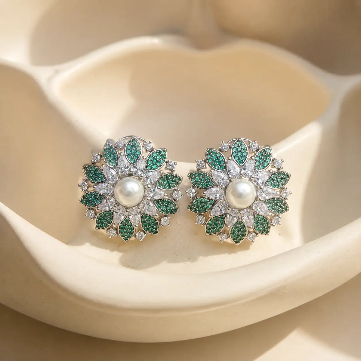 Gulnaar Green pearl crystal floral earrings product view