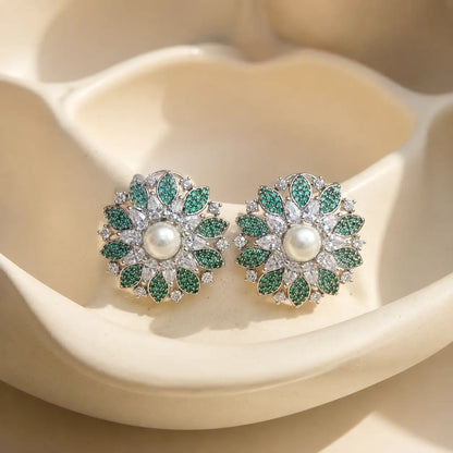 Gulnaar Green pearl crystal floral earrings product view