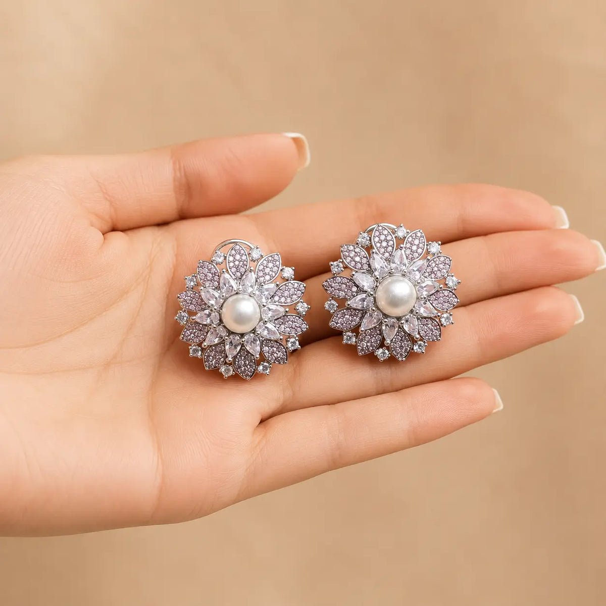 Gulnaar Pink pearl crystal floral earrings handheld view