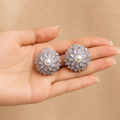 Gulnaar Pink pearl crystal floral earrings handheld view