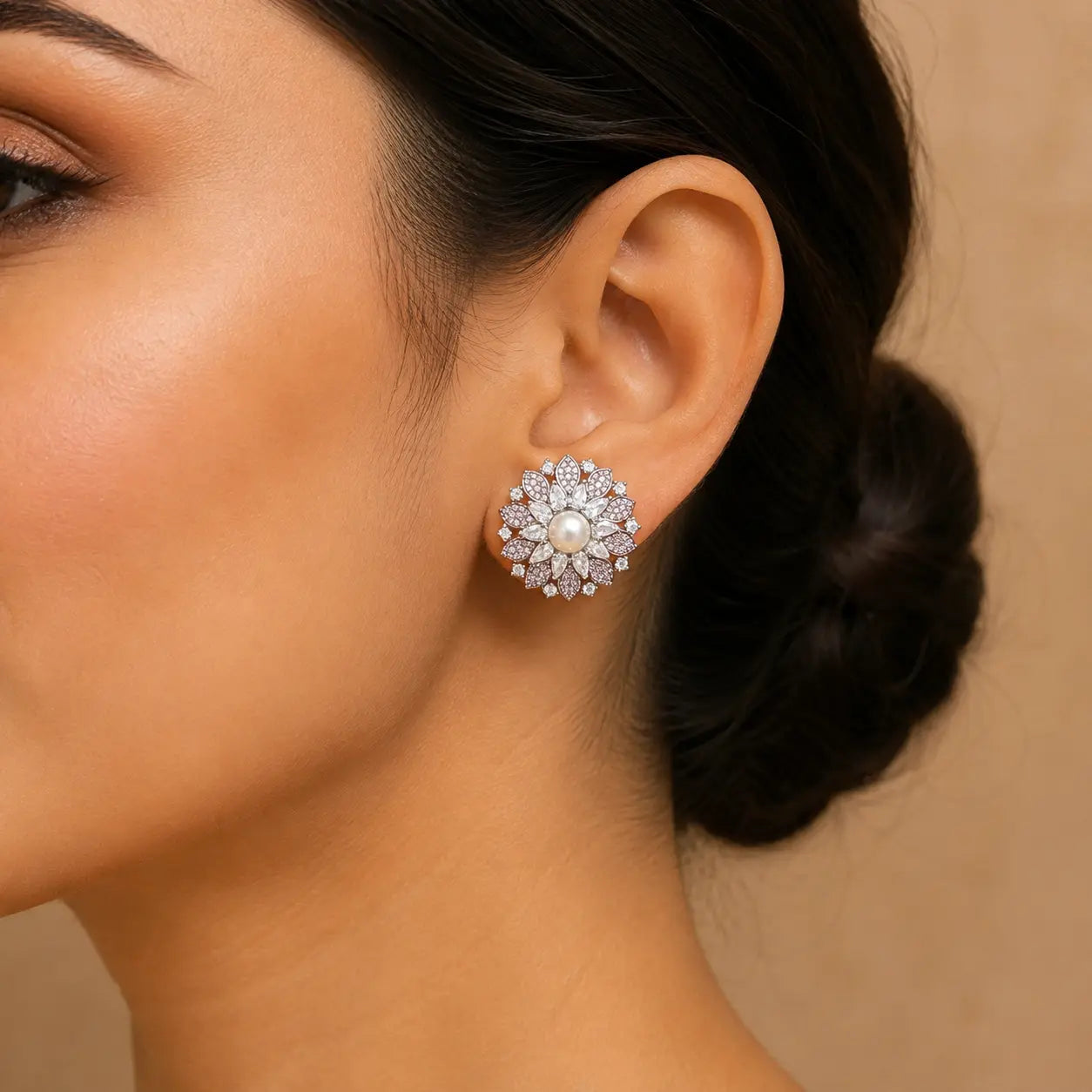 Gulnaar Pink pearl crystal floral earrings model view