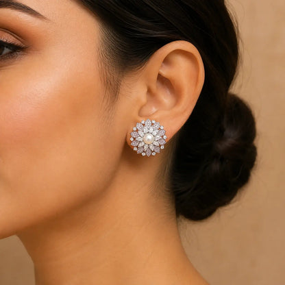Gulnaar Pink pearl crystal floral earrings model view