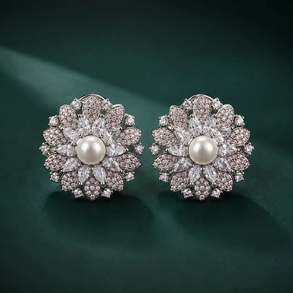 Gulnaar Pink pearl crystal floral earrings product view