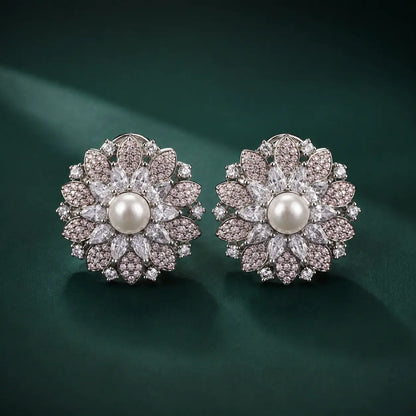 Gulnaar Pink pearl crystal floral earrings product view