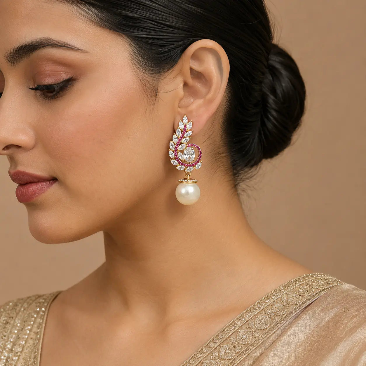 Meher Ruby paisley pearl earrings model view