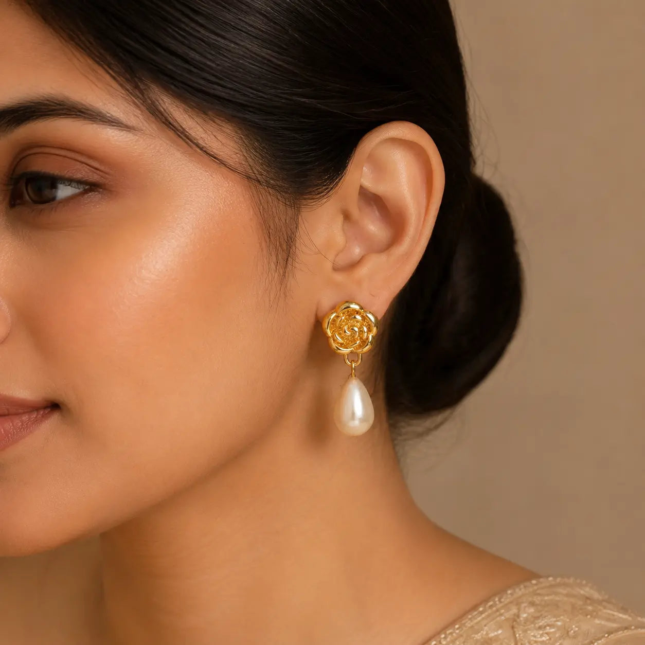 Gulab earrings worn by model
