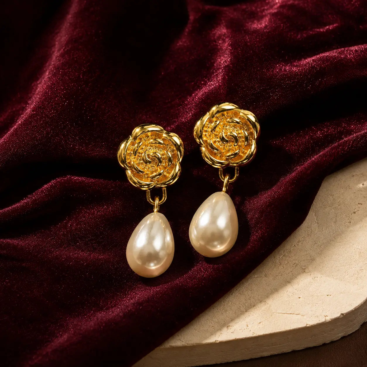 Gulab gold rose pearl earrings product view