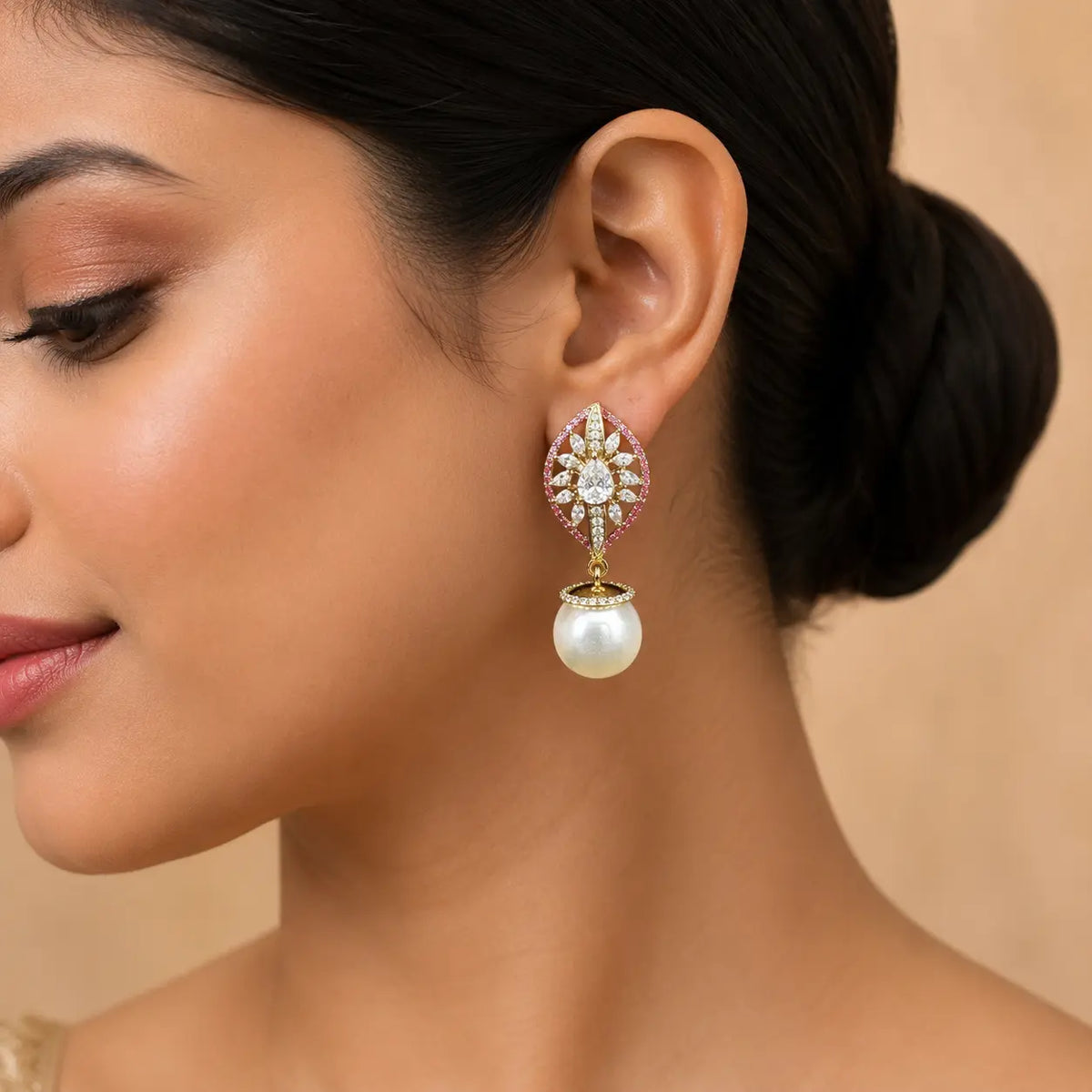 Noor Ruby crystal leaf pearl earrings model view