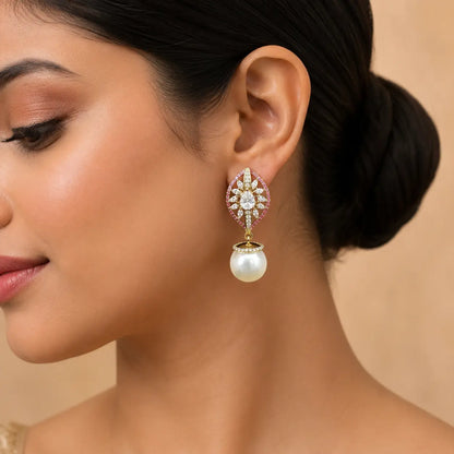 Noor Ruby crystal leaf pearl earrings model view