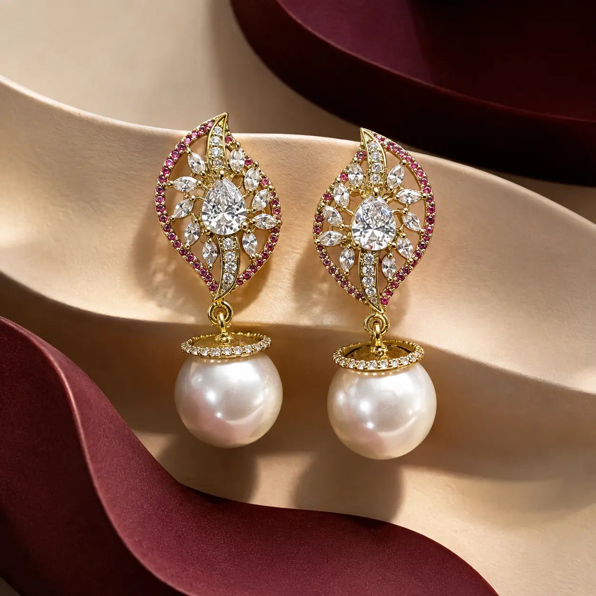 Noor Ruby crystal leaf pearl earrings product view