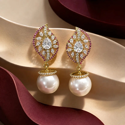 Noor Ruby crystal leaf pearl earrings product view