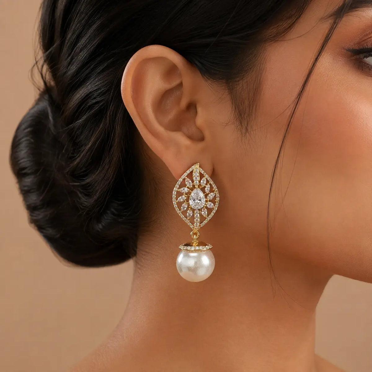 Noor White crystal leaf pearl earrings model view
