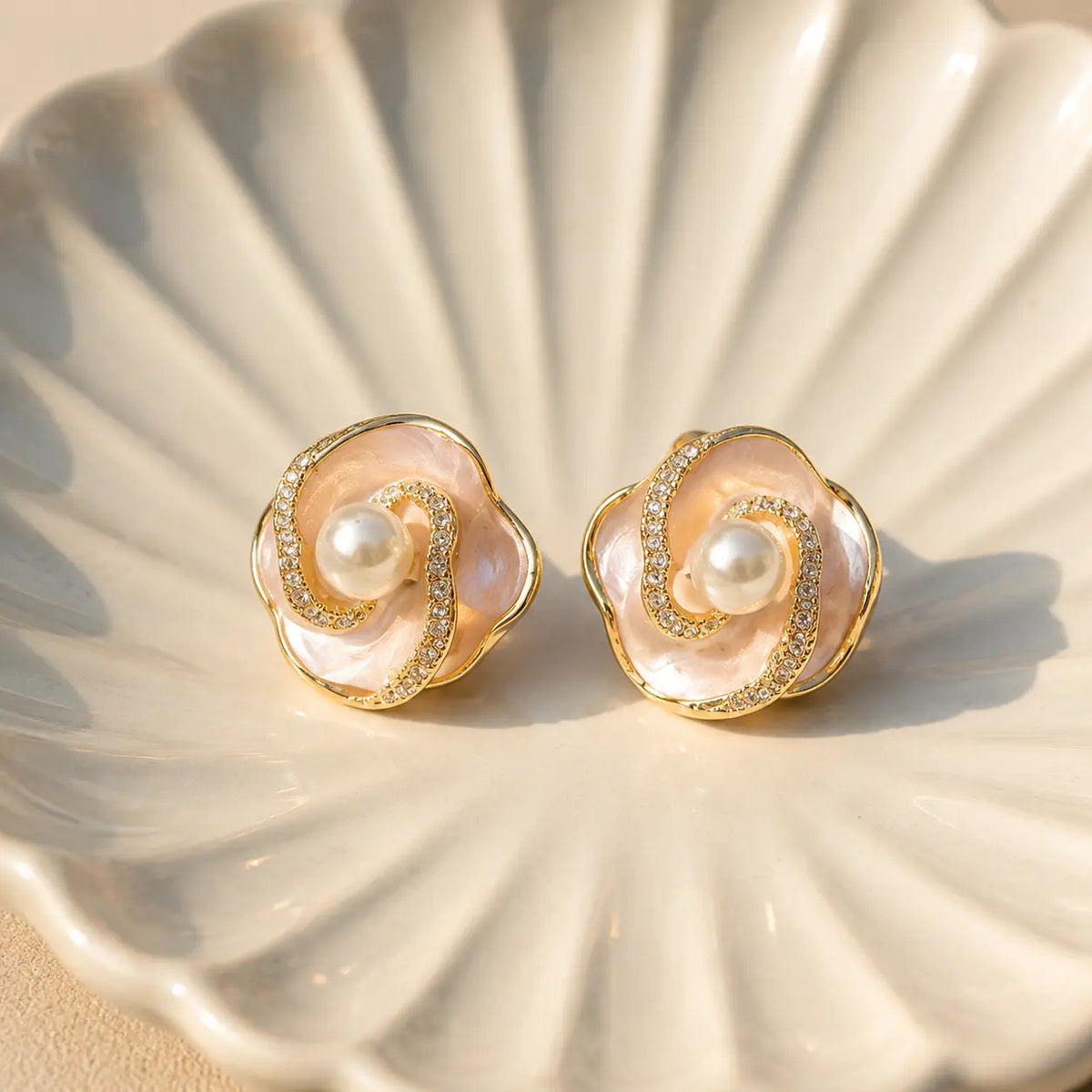 Mahrose blush pearl flower studs product view