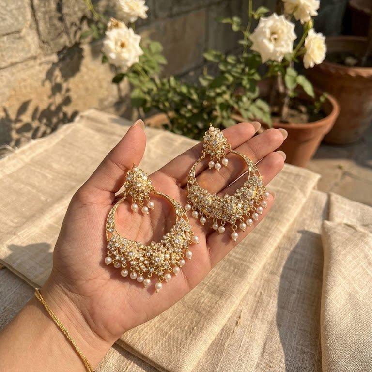 Gul - e - Rang Chandbali Earrings – 22K Gold Multicolour Kundan & Pearl Drops - Riwaaj
