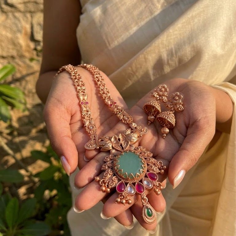 Traditional Antique Gold Temple Jewelry Set (Long Necklace & Jhumkas) - Riwaaj