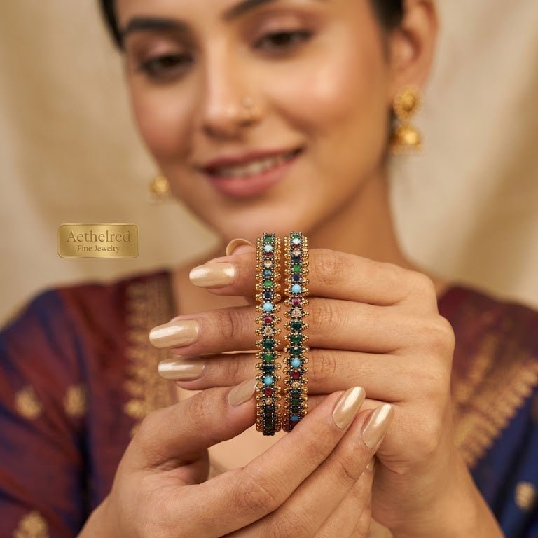 22K Gold Plated Prism Bangle Set – Handcrafted Gemstone Pair - Riwaaj