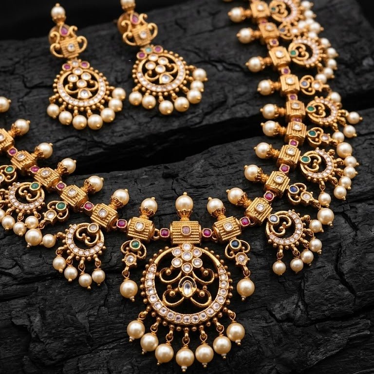 Haram Necklace & Earrings Set | Kundan Long Necklace - Riwaaj