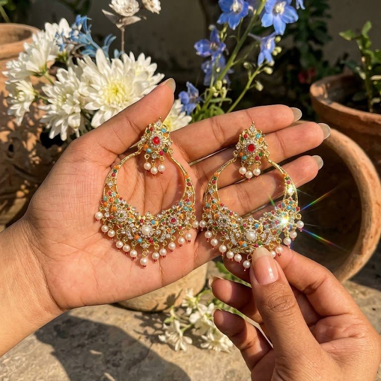 Gul - e - Rang Chandbali Earrings – 22K Gold Multicolour Kundan & Pearl Drops - Riwaaj