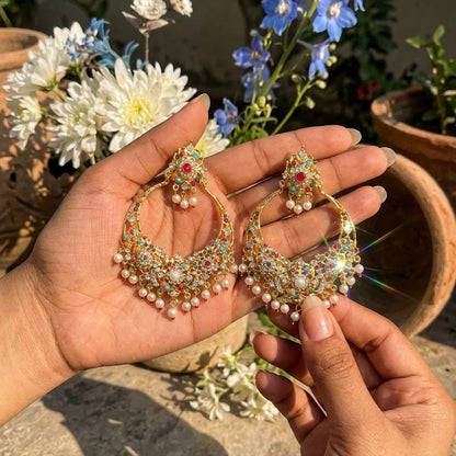 Gul - e - Rang Chandbali Earrings – 22K Gold Multicolour Kundan & Pearl Drops - Riwaaj