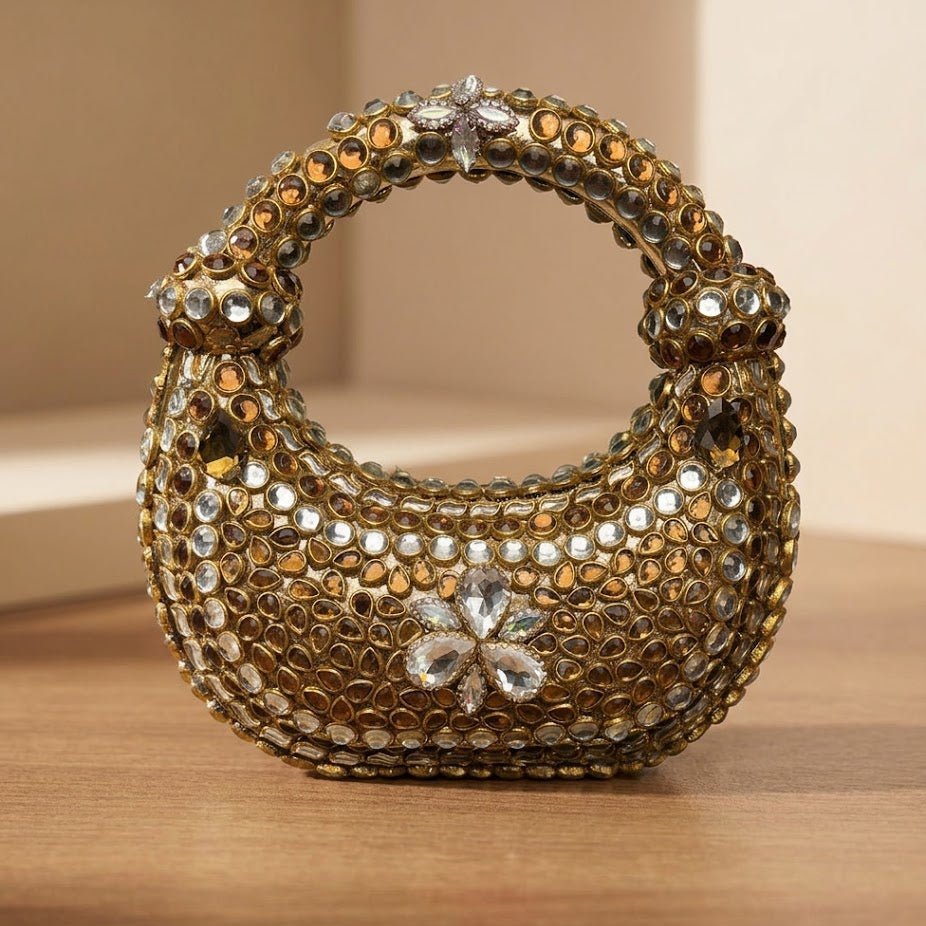 Velour Noir Jewel Clutch – Bridal Evening Bag with Chain - Riwaaj