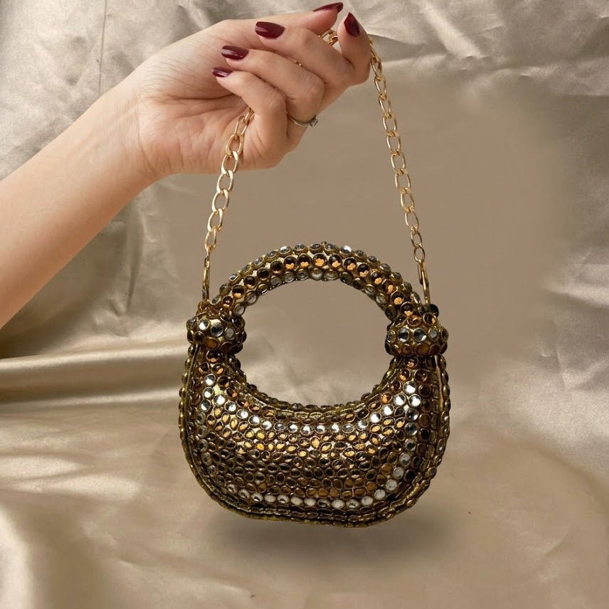 Velour Noir Jewel Clutch – Bridal Evening Bag with Chain - Riwaaj