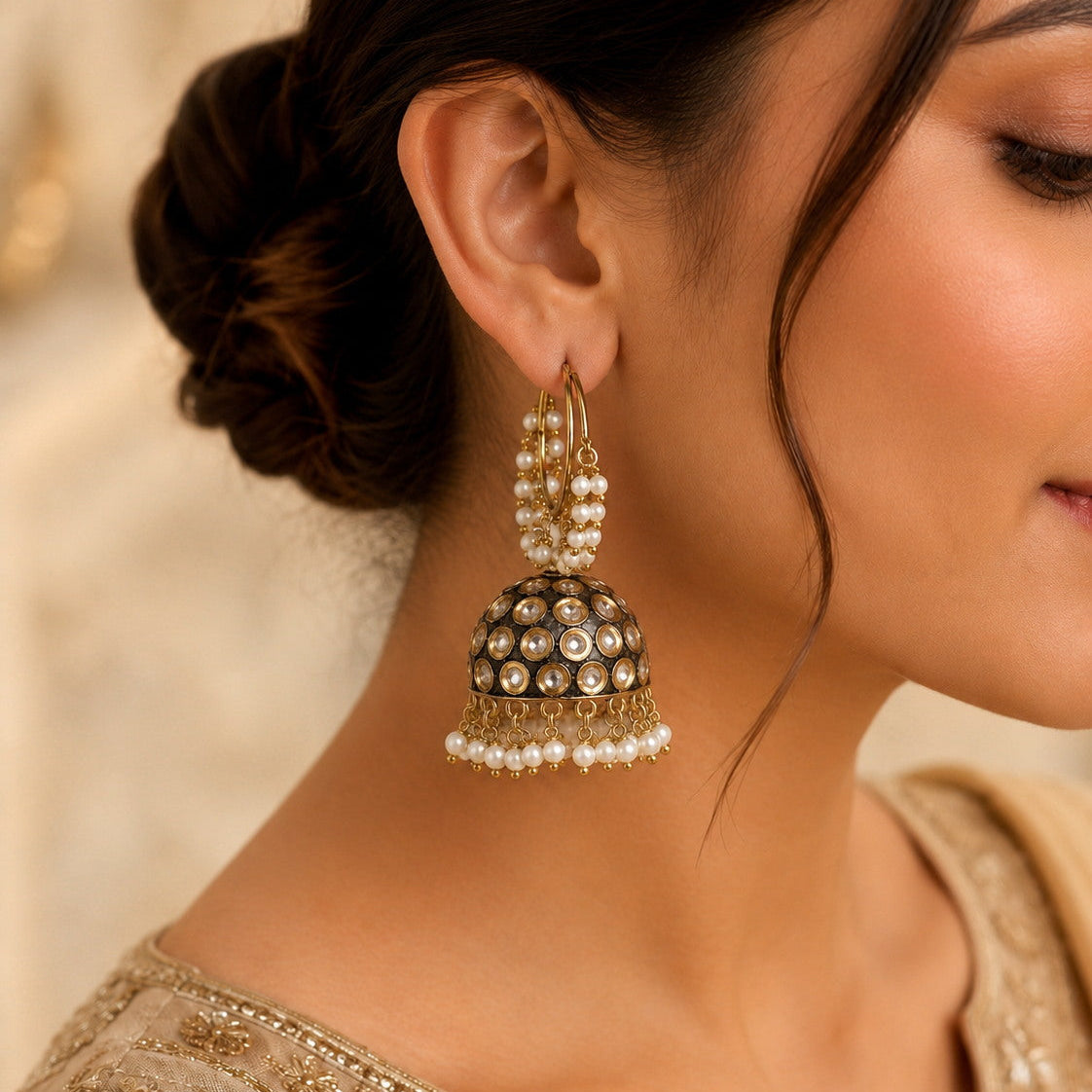 Pearl Hoop Dome Jhumka Earrings