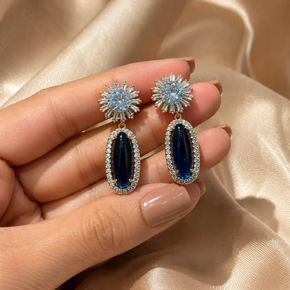Nayab Crystal Oval Drop Statement Earrings – Blue