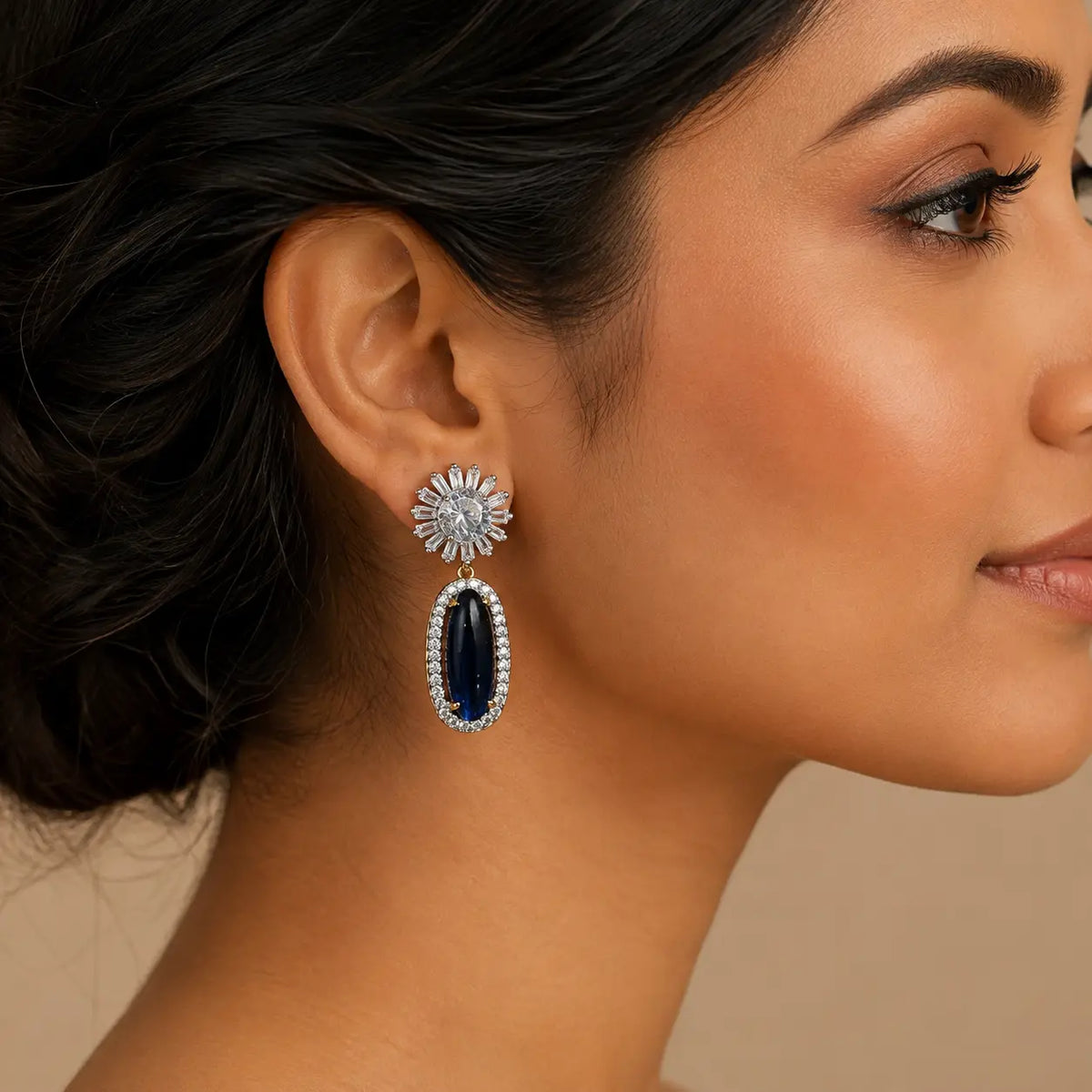 Nayab Crystal Oval Drop Statement Earrings – Blue