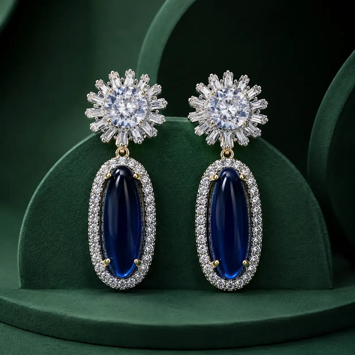 Nayab Crystal Oval Drop Statement Earrings – Blue