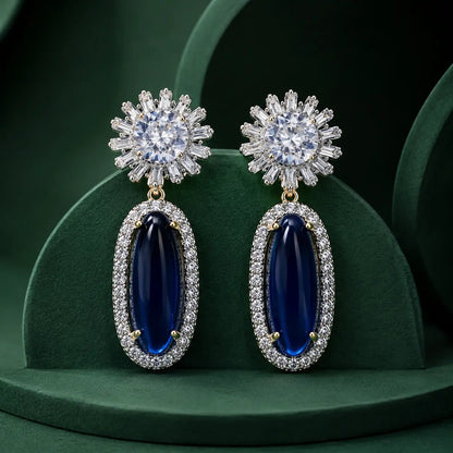 Nayab Crystal Oval Drop Statement Earrings – Blue