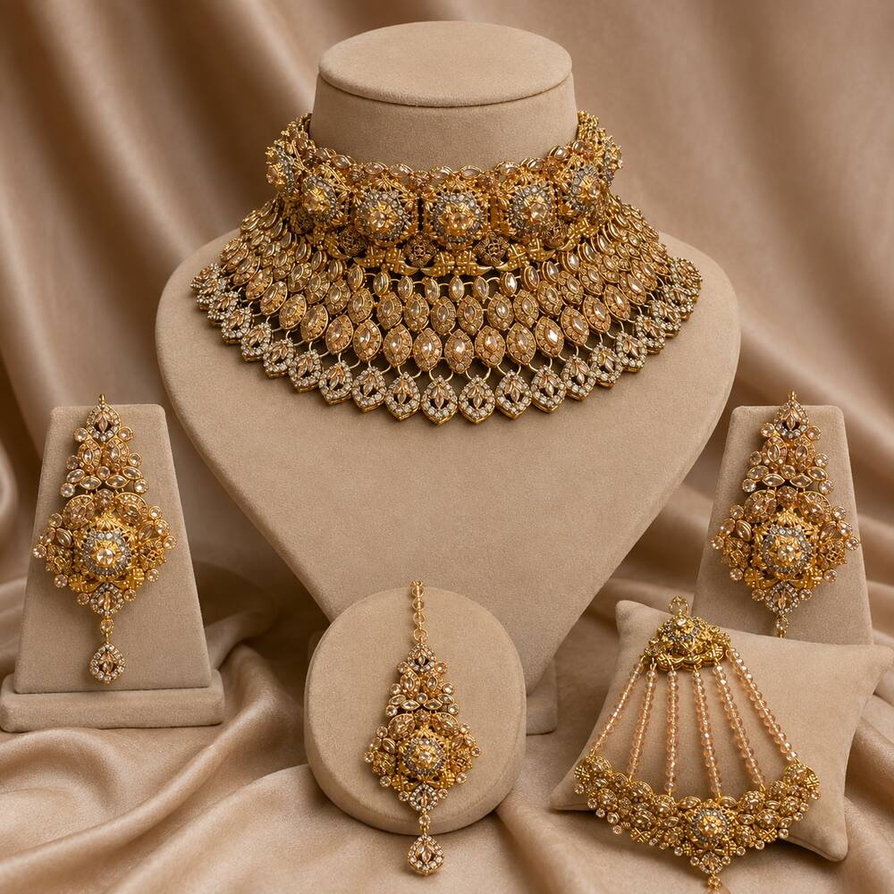 Complete Shahkaar champagne kundan bridal set