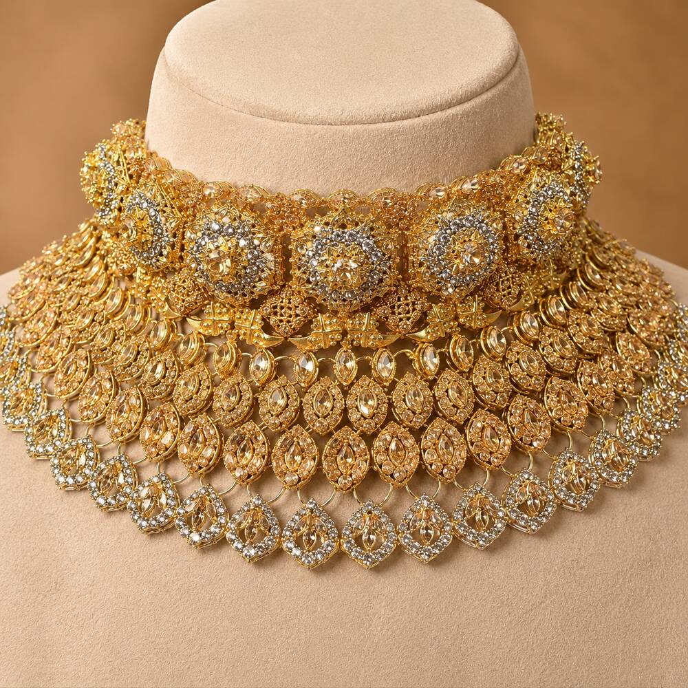 Shahkaar champagne kundan necklace detail