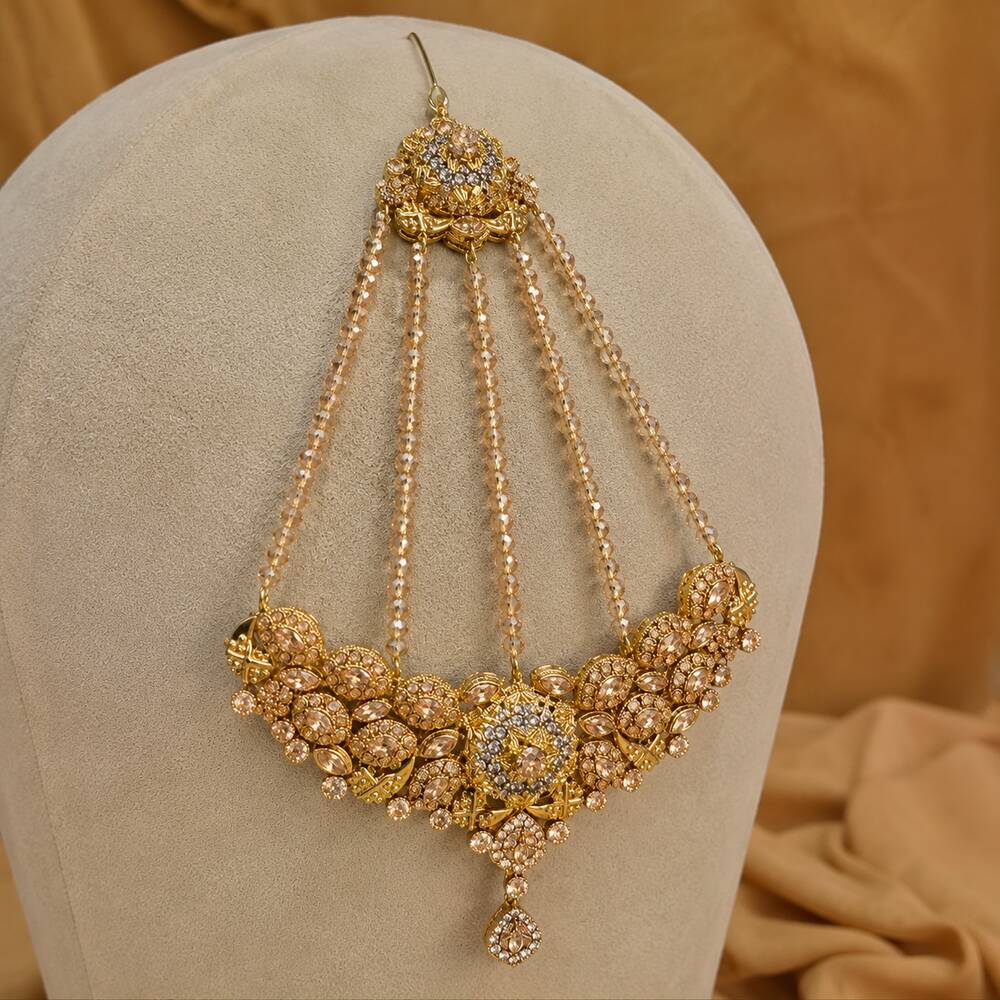 Shahkaar champagne kundan jhumar mathapatti