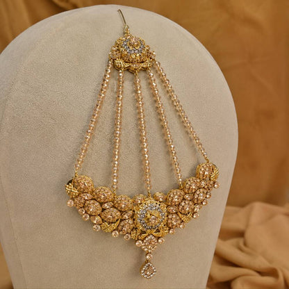 Shahkaar champagne kundan jhumar mathapatti